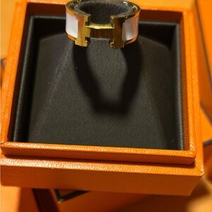 18K Titanium plated Gold and White enamel H Ring